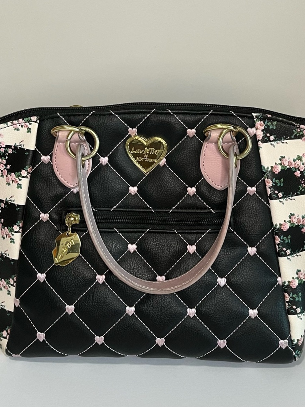 Betsey Johnson Black & Pink Quilted Satchel with Floral Panels